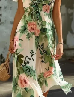 Women's Midi Dress Floral V-Neck A-Line Flutter Sleeve Rose Pattern Lightweight Summer Garden Party Wedding Guest Brunch Flowy Feminine White Pink Green Women Chiffon Dresses