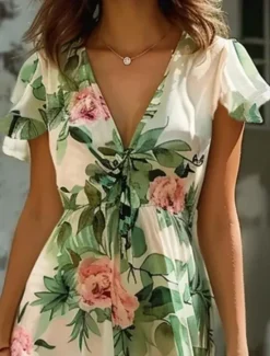 Women's Midi Dress Floral V-Neck A-Line Flutter Sleeve Rose Pattern Lightweight Summer Garden Party Wedding Guest Brunch Flowy Feminine White Pink Green Women Chiffon Dresses