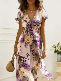 Women's Midi Dress Floral V-Neck A-Line Flutter Sleeve Rose Pattern Lightweight Summer Garden Party Wedding Guest Brunch Flowy Feminine White Pink Green Women Chiffon Dresses