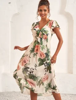 Women's Midi Dress Floral V-Neck A-Line Flutter Sleeve Rose Pattern Lightweight Summer Garden Party Wedding Guest Brunch Flowy Feminine White Pink Green Women Chiffon Dresses