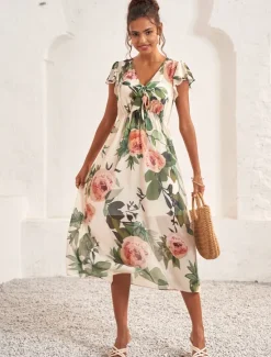Women's Midi Dress Floral V-Neck A-Line Flutter Sleeve Rose Pattern Lightweight Summer Garden Party Wedding Guest Brunch Flowy Feminine White Pink Green Women Chiffon Dresses
