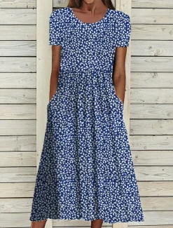 New Women's Midi Dress Floral Dress Summer Dress Print Dress Fashion Streetwear Modern Outdoor Daily Date Loose Fit Floral Ditsy Floral Short Sleeve Crew Neck Navy Blue Royal Blue Blue Dark Blue Summer Women Casual Dress