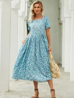 New Women's Midi Dress Floral Dress Summer Dress Print Dress Fashion Streetwear Modern Outdoor Daily Date Loose Fit Floral Ditsy Floral Short Sleeve Crew Neck Navy Blue Royal Blue Blue Dark Blue Summer Women Casual Dress