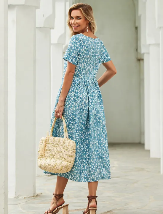 New Women's Midi Dress Floral Dress Summer Dress Print Dress Fashion Streetwear Modern Outdoor Daily Date Loose Fit Floral Ditsy Floral Short Sleeve Crew Neck Navy Blue Royal Blue Blue Dark Blue Summer Women Casual Dress