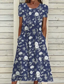 New Women's Midi Dress Floral Dress Summer Dress Print Dress Fashion Streetwear Modern Outdoor Daily Date Loose Fit Floral Ditsy Floral Short Sleeve Crew Neck Navy Blue Royal Blue Blue Dark Blue Summer Women Casual Dress