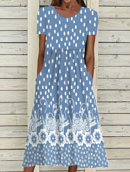 New Women's Midi Dress Floral Dress Summer Dress Print Dress Fashion Streetwear Modern Outdoor Daily Date Loose Fit Floral Ditsy Floral Short Sleeve Crew Neck Navy Blue Royal Blue Blue Dark Blue Summer Women Casual Dress