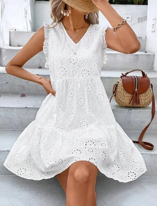 Discount Women's Midi Dress Graduation Dress Tiered Dress Boho Dress Elegant Cap Sleeve Daily Going out Festival Regular Fit Embroidery Sleeveless V Neck Summer Spring Women White Dresses