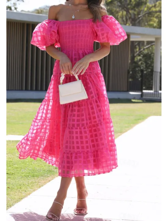 Hot Women's Midi Dress Graduation Dress Fashion Modern Lantern Sleeve Vacation Graduation Weekend Regular Fit Plain Short Sleeve Off Shoulder Black White Yellow Pink Summer Women Vacation Dresses