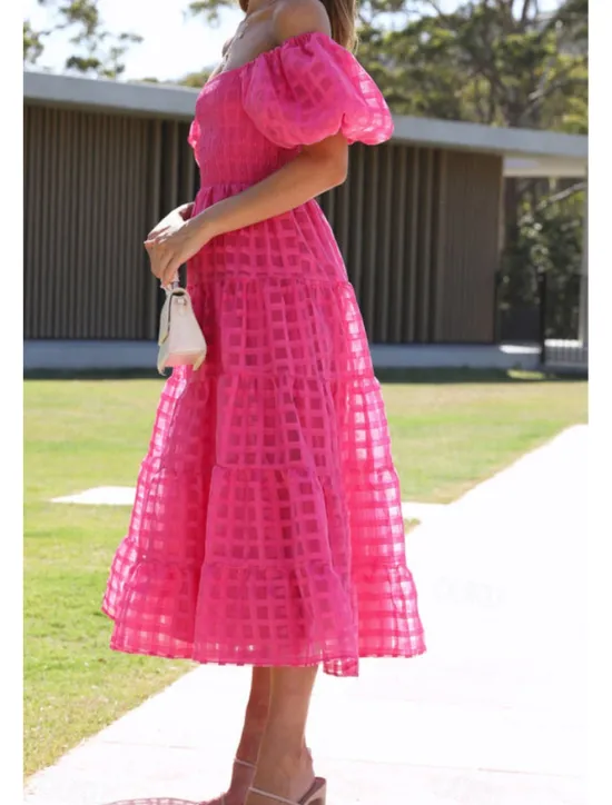 Hot Women's Midi Dress Graduation Dress Fashion Modern Lantern Sleeve Vacation Graduation Weekend Regular Fit Plain Short Sleeve Off Shoulder Black White Yellow Pink Summer Women Vacation Dresses