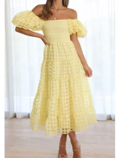 Hot Women's Midi Dress Graduation Dress Fashion Modern Lantern Sleeve Vacation Graduation Weekend Regular Fit Plain Short Sleeve Off Shoulder Black White Yellow Pink Summer Women Vacation Dresses