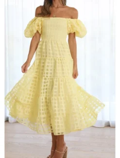 Hot Women's Midi Dress Graduation Dress Fashion Modern Lantern Sleeve Vacation Graduation Weekend Regular Fit Plain Short Sleeve Off Shoulder Black White Yellow Pink Summer Women Vacation Dresses
