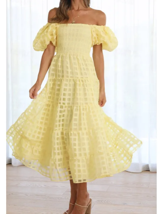 Hot Women's Midi Dress Graduation Dress Fashion Modern Lantern Sleeve Vacation Graduation Weekend Regular Fit Plain Short Sleeve Off Shoulder Black White Yellow Pink Summer Women Vacation Dresses