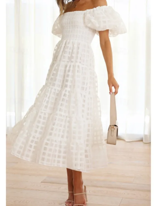Hot Women's Midi Dress Graduation Dress Fashion Modern Lantern Sleeve Vacation Graduation Weekend Regular Fit Plain Short Sleeve Off Shoulder Black White Yellow Pink Summer Women Vacation Dresses