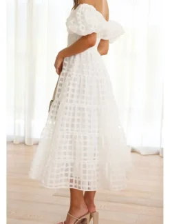 Hot Women's Midi Dress Graduation Dress Fashion Modern Lantern Sleeve Vacation Graduation Weekend Regular Fit Plain Short Sleeve Off Shoulder Black White Yellow Pink Summer Women Vacation Dresses