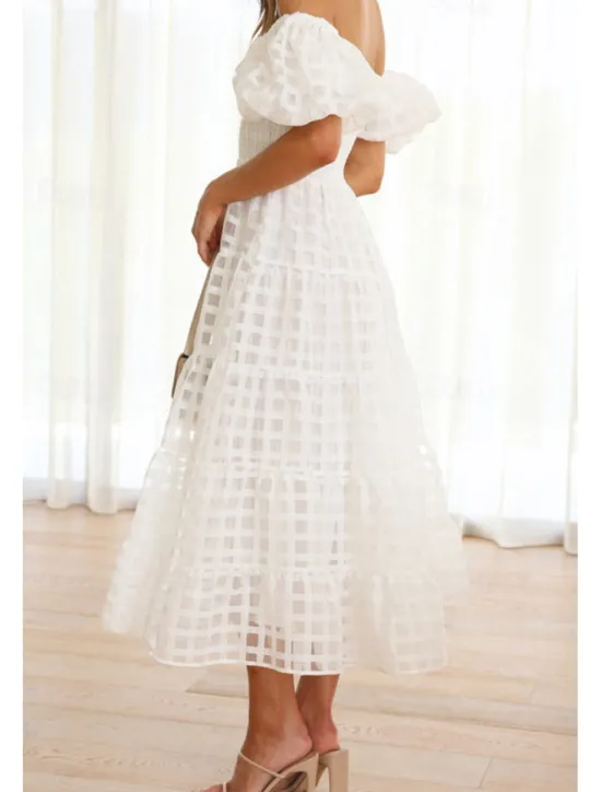 Hot Women's Midi Dress Graduation Dress Fashion Modern Lantern Sleeve Vacation Graduation Weekend Regular Fit Plain Short Sleeve Off Shoulder Black White Yellow Pink Summer Women Vacation Dresses