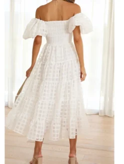 Hot Women's Midi Dress Graduation Dress Fashion Modern Lantern Sleeve Vacation Graduation Weekend Regular Fit Plain Short Sleeve Off Shoulder Black White Yellow Pink Summer Women Vacation Dresses