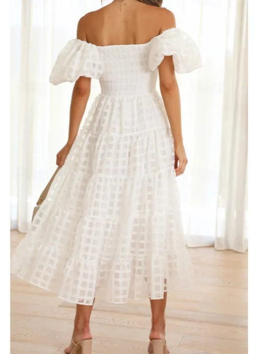 Hot Women's Midi Dress Graduation Dress Fashion Modern Lantern Sleeve Vacation Graduation Weekend Regular Fit Plain Short Sleeve Off Shoulder Black White Yellow Pink Summer Women Vacation Dresses