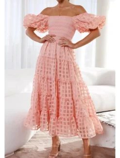Hot Women's Midi Dress Graduation Dress Fashion Modern Lantern Sleeve Vacation Graduation Weekend Regular Fit Plain Short Sleeve Off Shoulder Black White Yellow Pink Summer Women Vacation Dresses