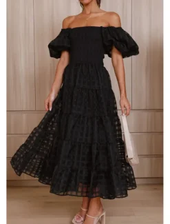 Hot Women's Midi Dress Graduation Dress Fashion Modern Lantern Sleeve Vacation Graduation Weekend Regular Fit Plain Short Sleeve Off Shoulder Black White Yellow Pink Summer Women Vacation Dresses