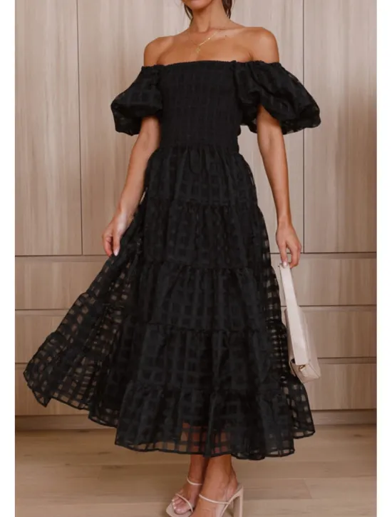 Hot Women's Midi Dress Graduation Dress Fashion Modern Lantern Sleeve Vacation Graduation Weekend Regular Fit Plain Short Sleeve Off Shoulder Black White Yellow Pink Summer Women Vacation Dresses