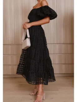 Hot Women's Midi Dress Graduation Dress Fashion Modern Lantern Sleeve Vacation Graduation Weekend Regular Fit Plain Short Sleeve Off Shoulder Black White Yellow Pink Summer Women Vacation Dresses