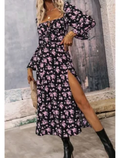 Online Women's Midi Dress Graduation Dress Floral Dress Fashion Modern Outdoor Vacation Holiday Regular Fit Flower Long Sleeve Square Neck White Blue Purple Gold Summer Women Floral Dresses