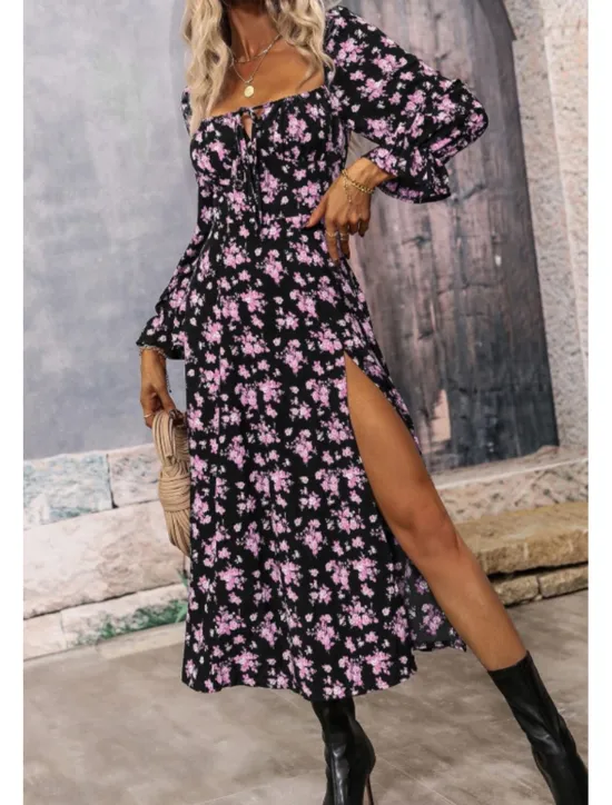 Online Women's Midi Dress Graduation Dress Floral Dress Fashion Modern Outdoor Vacation Holiday Regular Fit Flower Long Sleeve Square Neck White Blue Purple Gold Summer Women Floral Dresses