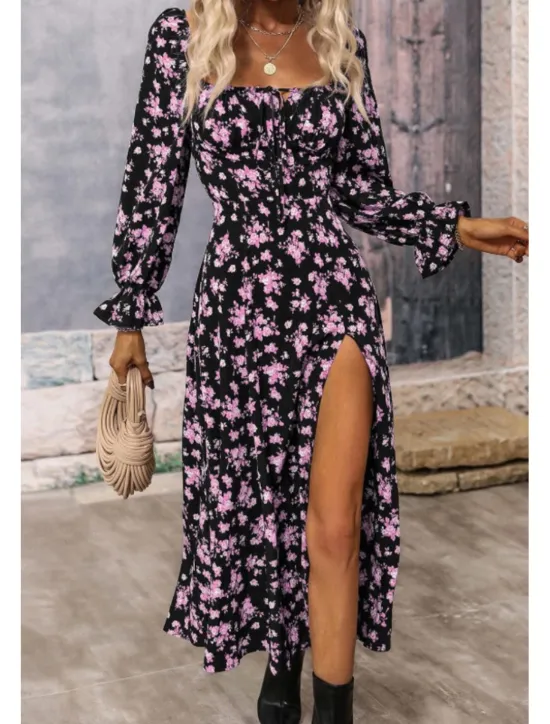 Online Women's Midi Dress Graduation Dress Floral Dress Fashion Modern Outdoor Vacation Holiday Regular Fit Flower Long Sleeve Square Neck White Blue Purple Gold Summer Women Floral Dresses