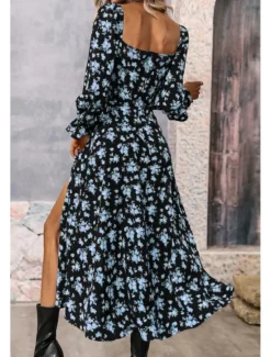 Online Women's Midi Dress Graduation Dress Floral Dress Fashion Modern Outdoor Vacation Holiday Regular Fit Flower Long Sleeve Square Neck White Blue Purple Gold Summer Women Floral Dresses