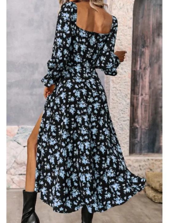 Online Women's Midi Dress Graduation Dress Floral Dress Fashion Modern Outdoor Vacation Holiday Regular Fit Flower Long Sleeve Square Neck White Blue Purple Gold Summer Women Floral Dresses