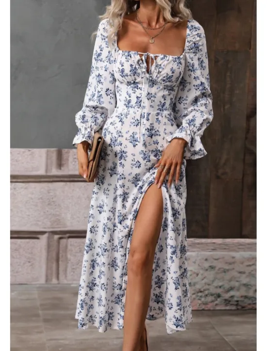 Online Women's Midi Dress Graduation Dress Floral Dress Fashion Modern Outdoor Vacation Holiday Regular Fit Flower Long Sleeve Square Neck White Blue Purple Gold Summer Women Floral Dresses