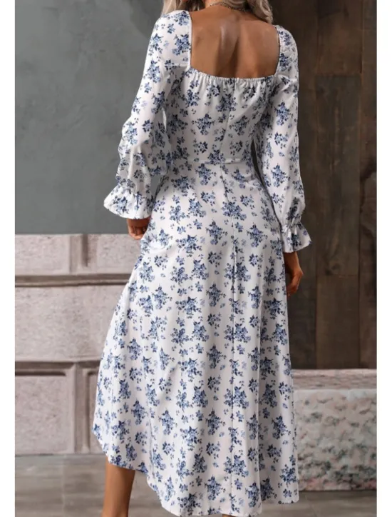 Online Women's Midi Dress Graduation Dress Floral Dress Fashion Modern Outdoor Vacation Holiday Regular Fit Flower Long Sleeve Square Neck White Blue Purple Gold Summer Women Floral Dresses