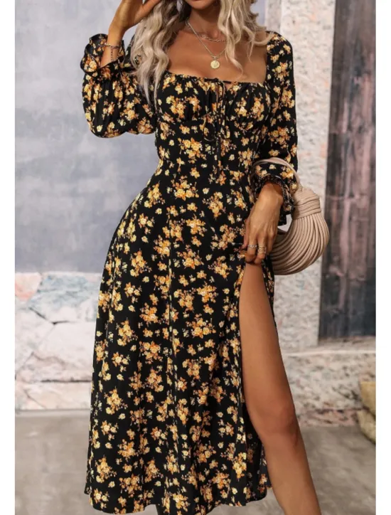 Online Women's Midi Dress Graduation Dress Floral Dress Fashion Modern Outdoor Vacation Holiday Regular Fit Flower Long Sleeve Square Neck White Blue Purple Gold Summer Women Floral Dresses
