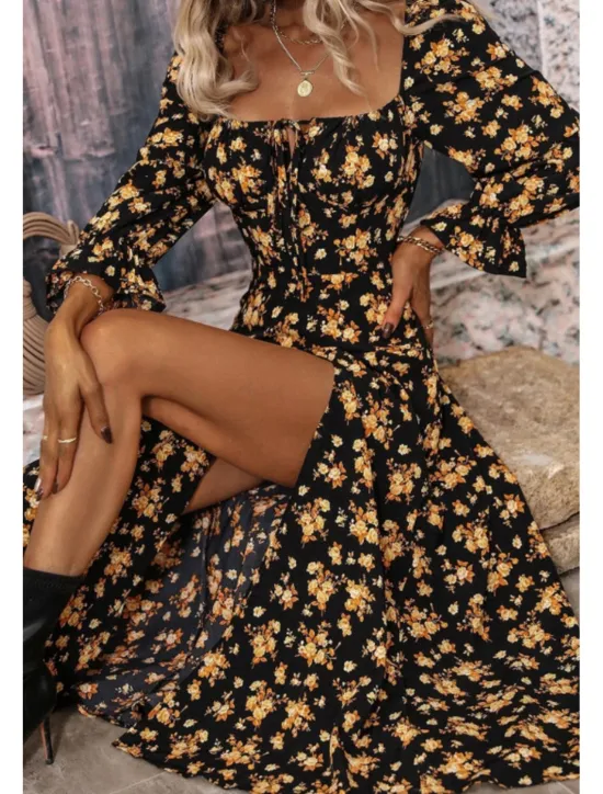 Online Women's Midi Dress Graduation Dress Floral Dress Fashion Modern Outdoor Vacation Holiday Regular Fit Flower Long Sleeve Square Neck White Blue Purple Gold Summer Women Floral Dresses
