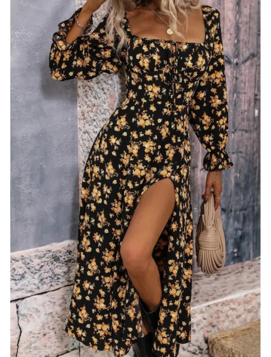 Online Women's Midi Dress Graduation Dress Floral Dress Fashion Modern Outdoor Vacation Holiday Regular Fit Flower Long Sleeve Square Neck White Blue Purple Gold Summer Women Floral Dresses