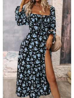 Online Women's Midi Dress Graduation Dress Floral Dress Fashion Modern Outdoor Vacation Holiday Regular Fit Flower Long Sleeve Square Neck White Blue Purple Gold Summer Women Floral Dresses