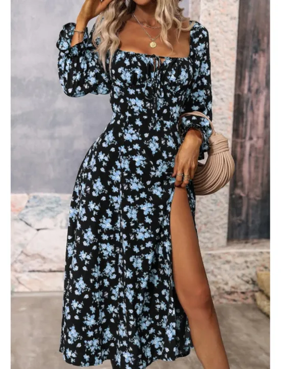 Online Women's Midi Dress Graduation Dress Floral Dress Fashion Modern Outdoor Vacation Holiday Regular Fit Flower Long Sleeve Square Neck White Blue Purple Gold Summer Women Floral Dresses