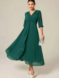 Outlet Women's Midi Dress Green Solid Color V-Neck Half Sleeve Ruffled Sophisticated Chic Zip-Back Summer Semi-Formal Wedding Party Evening Elegant Flowy Lightweight Apparel Women Chiffon Dresses