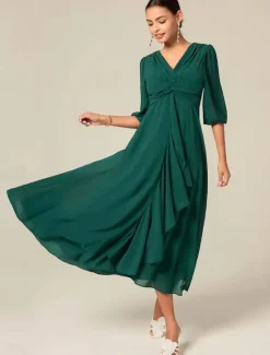 Outlet Women's Midi Dress Green Solid Color V-Neck Half Sleeve Ruffled Sophisticated Chic Zip-Back Summer Semi-Formal Wedding Party Evening Elegant Flowy Lightweight Apparel Women Chiffon Dresses