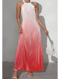 Sale Women's Midi Dress Halter Neck Dress Fashion Classic Vacation Daily Holiday Regular Fit Color Gradient Sleeveless Halter Neck Red Orange Brown Summer Women Sundresses
