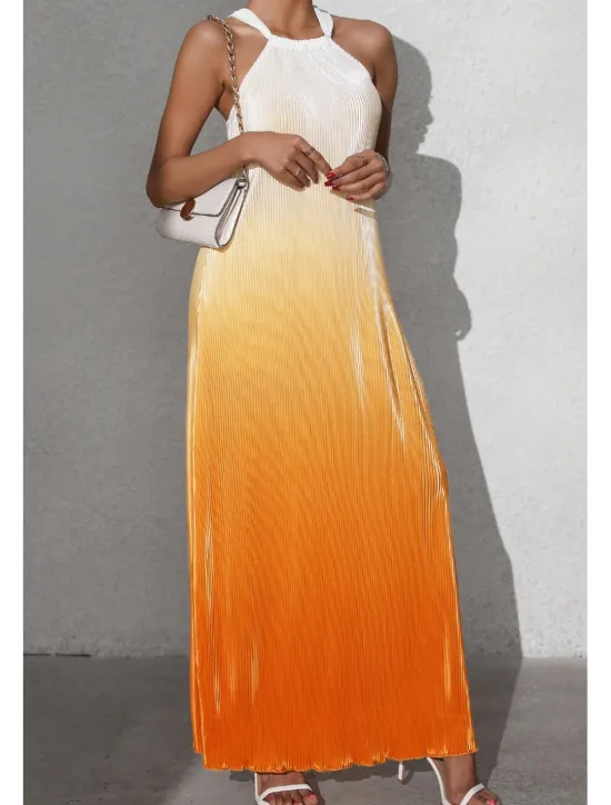 Sale Women's Midi Dress Halter Neck Dress Fashion Classic Vacation Daily Holiday Regular Fit Color Gradient Sleeveless Halter Neck Red Orange Brown Summer Women Sundresses