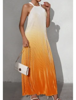 Sale Women's Midi Dress Halter Neck Dress Fashion Classic Vacation Daily Holiday Regular Fit Color Gradient Sleeveless Halter Neck Red Orange Brown Summer Women Sundresses