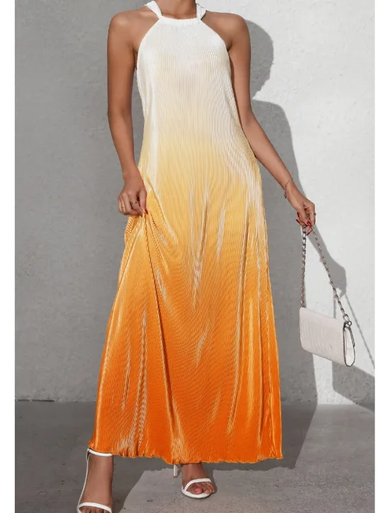 Sale Women's Midi Dress Halter Neck Dress Fashion Classic Vacation Daily Holiday Regular Fit Color Gradient Sleeveless Halter Neck Red Orange Brown Summer Women Sundresses