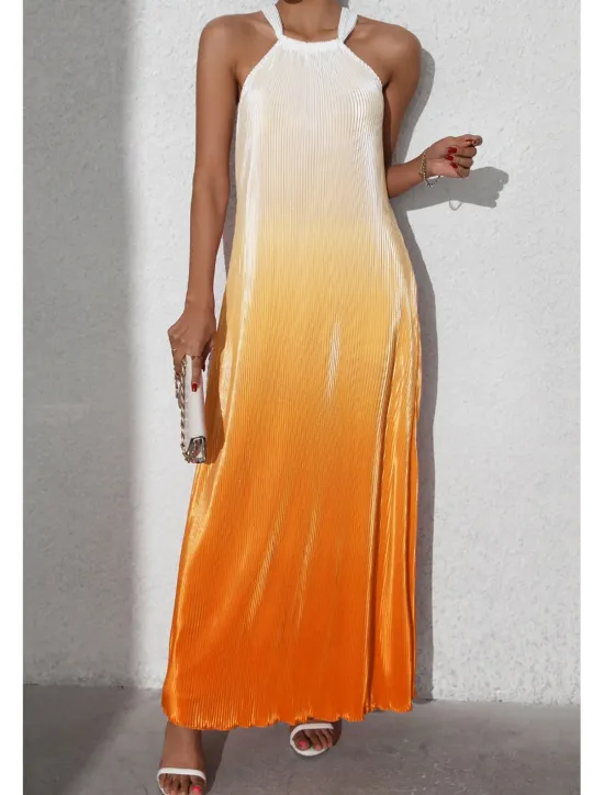 Sale Women's Midi Dress Halter Neck Dress Fashion Classic Vacation Daily Holiday Regular Fit Color Gradient Sleeveless Halter Neck Red Orange Brown Summer Women Sundresses