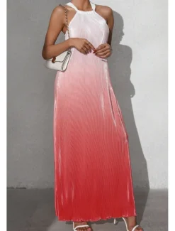 Sale Women's Midi Dress Halter Neck Dress Fashion Classic Vacation Daily Holiday Regular Fit Color Gradient Sleeveless Halter Neck Red Orange Brown Summer Women Sundresses