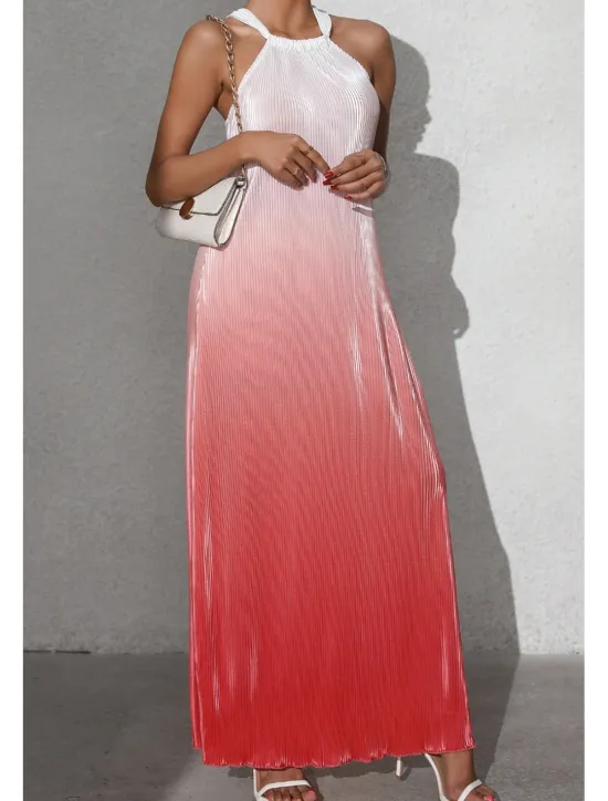 Sale Women's Midi Dress Halter Neck Dress Fashion Classic Vacation Daily Holiday Regular Fit Color Gradient Sleeveless Halter Neck Red Orange Brown Summer Women Sundresses