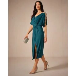 Outlet Women's Midi Dress Knit Dress Elegant Stylish Party Date Regular Fit Solid Color Short Sleeve V Neck Summer Women Cocktail Dress