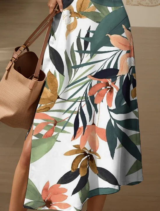 New Women's Midi Dress Knit Dress Casual Dress Sundress A Line Dress Elegant Vacation Casual Beach Regular Fit Floral Graphic Leaf Short Sleeve V Neck Yellow Pink Blue Purple Summer Spring Women Vacation Dresses