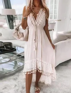 Outlet Women's Midi Dress Lace Dress Sundress Boho Dress White Boho Dress Bohemia Vacation Street Holiday Regular Fit Sleeveless V Neck Summer Women White Dresses