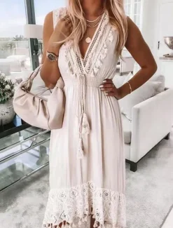 Outlet Women's Midi Dress Lace Dress Sundress Boho Dress White Boho Dress Bohemia Vacation Street Holiday Regular Fit Sleeveless V Neck Summer Women White Dresses